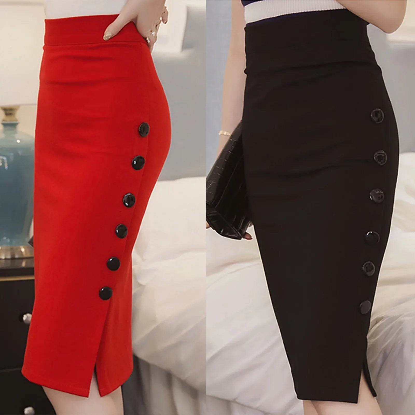 Elegant Women Vintage Office Lady Slim Skirts High Waist Buttons Slit Pencil Skirts