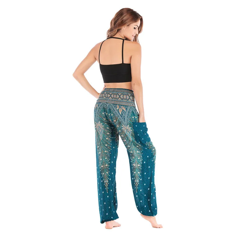 Women Yoga Boho Pants Leggings Floral Printing With Pocket Harem Bohemian High Waist  elastic waistband and ankle strapping