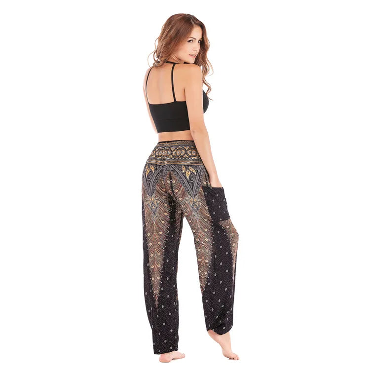 Women Yoga Boho Pants Leggings Floral Printing With Pocket Harem Bohemian High Waist  elastic waistband and ankle strapping