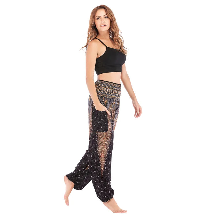 Women Yoga Boho Pants Leggings Floral Printing With Pocket Harem Bohemian High Waist  elastic waistband and ankle strapping