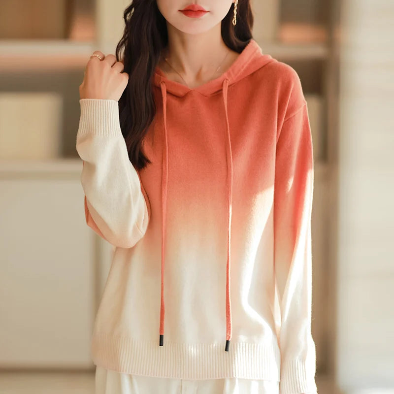 Autumn Winter Hooded Sweater Women Gradient Color Long Sleeve Top Fashion New Knit Female Pullover Warm Soft Loose Basic Jumper