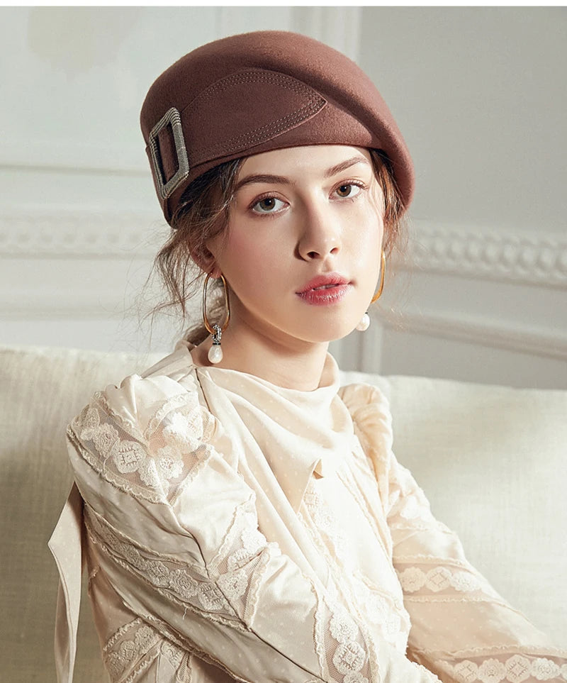 FS Vintage Women's British Wool Felt Cloche Hat – Wide Brim Fedora with Bow for 2024 Winter