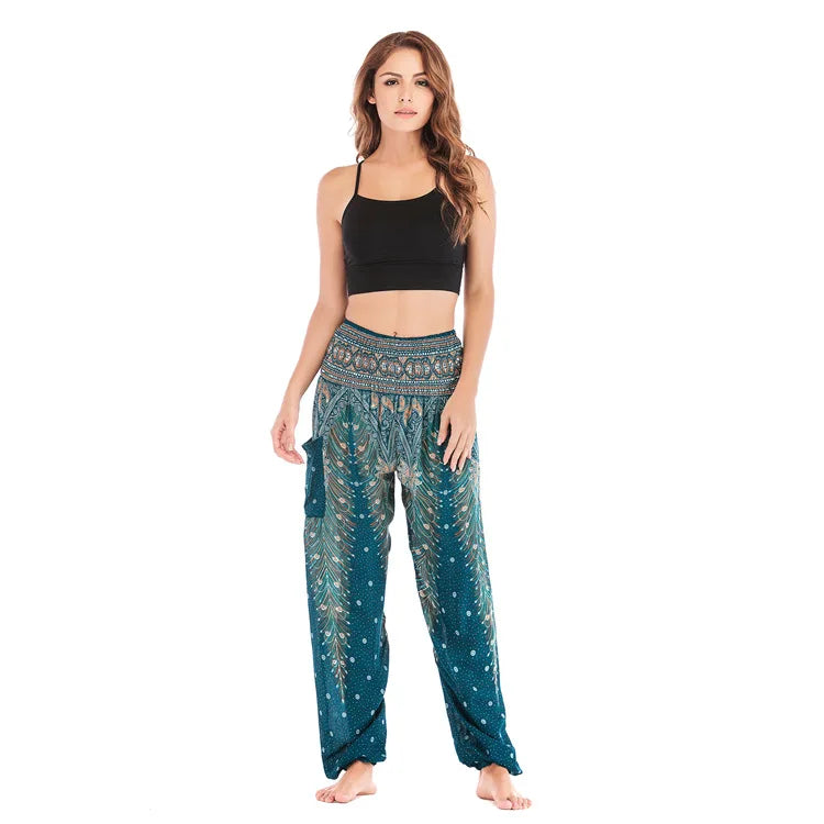 Women Yoga Boho Pants Leggings Floral Printing With Pocket Harem Bohemian High Waist  elastic waistband and ankle strapping