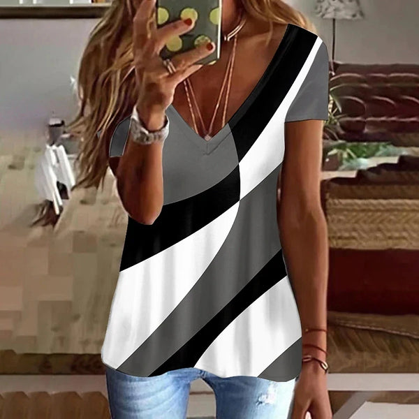 Summer Women T Shirt Stripes Print Gradient Clothing V Neck Short Sleeve Basic Tops Streetwear Fashion Oversized Girls T-shirts