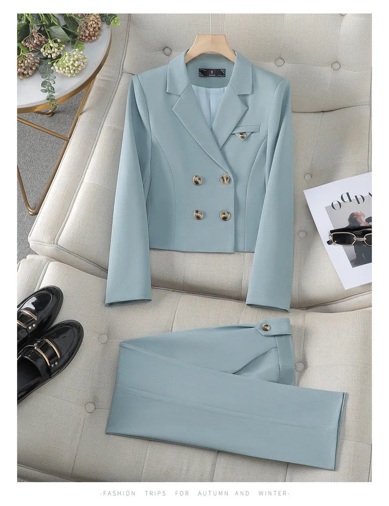 Solid Suits for Women 2024 Spring Fashion Office Ladies Long Sleeve Double Breasted Short Tops Chic Slim High Waisted Pant Suits