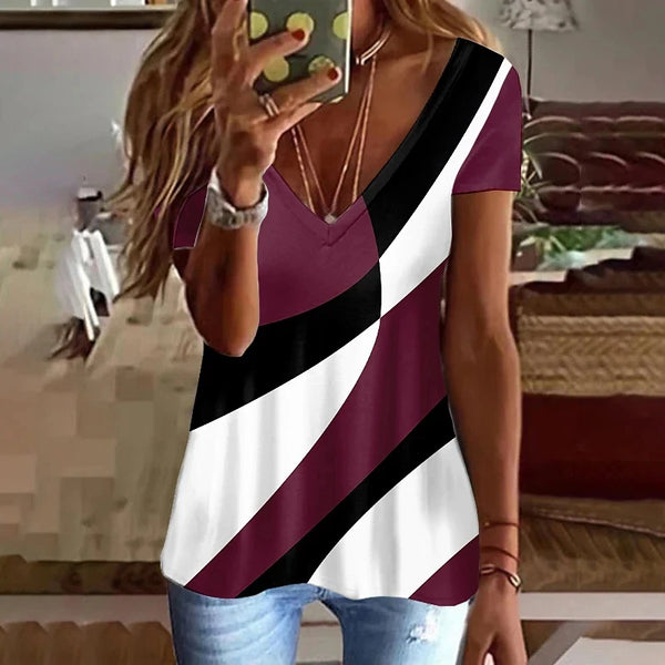 Summer Women T Shirt Stripes Print Gradient Clothing V Neck Short Sleeve Basic Tops Streetwear Fashion Oversized Girls T-shirts