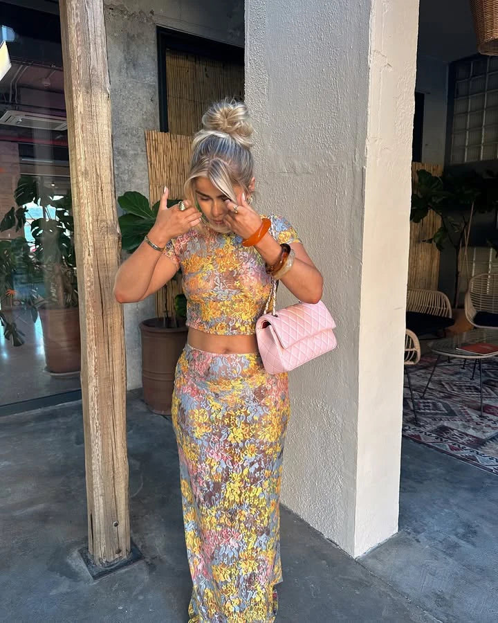 Women Chic Rainbow Lace Print Maxi Skirt Set Sexy Skinny Short Sleeved See Through Top Suit Lady Summer Ladies Party Outfit 2025
