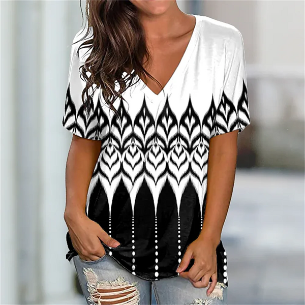 Summer Women T Shirt Stripes Print Gradient Clothing V Neck Short Sleeve Basic Tops Streetwear Fashion Oversized Girls T-shirts