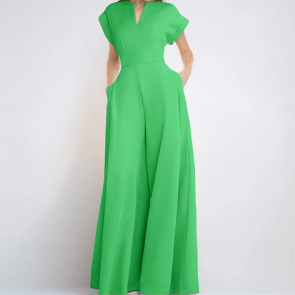 Elegant Women Long Jumpsuit 2024 Summer Wide Leg Pants Romper Casual Short Sleeve Playsuit Holiday Communting Overalls