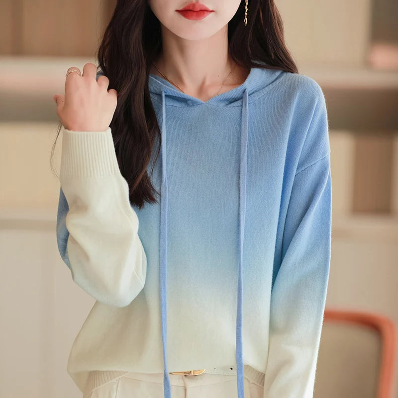 Autumn Winter Hooded Sweater Women Gradient Color Long Sleeve Top Fashion New Knit Female Pullover Warm Soft Loose Basic Jumper