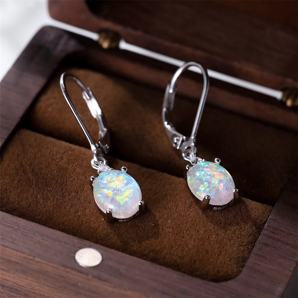 White and Blue Opal Oval Stone Hoop Earrings – Real 925 Sterling Silver Wedding Jewelry