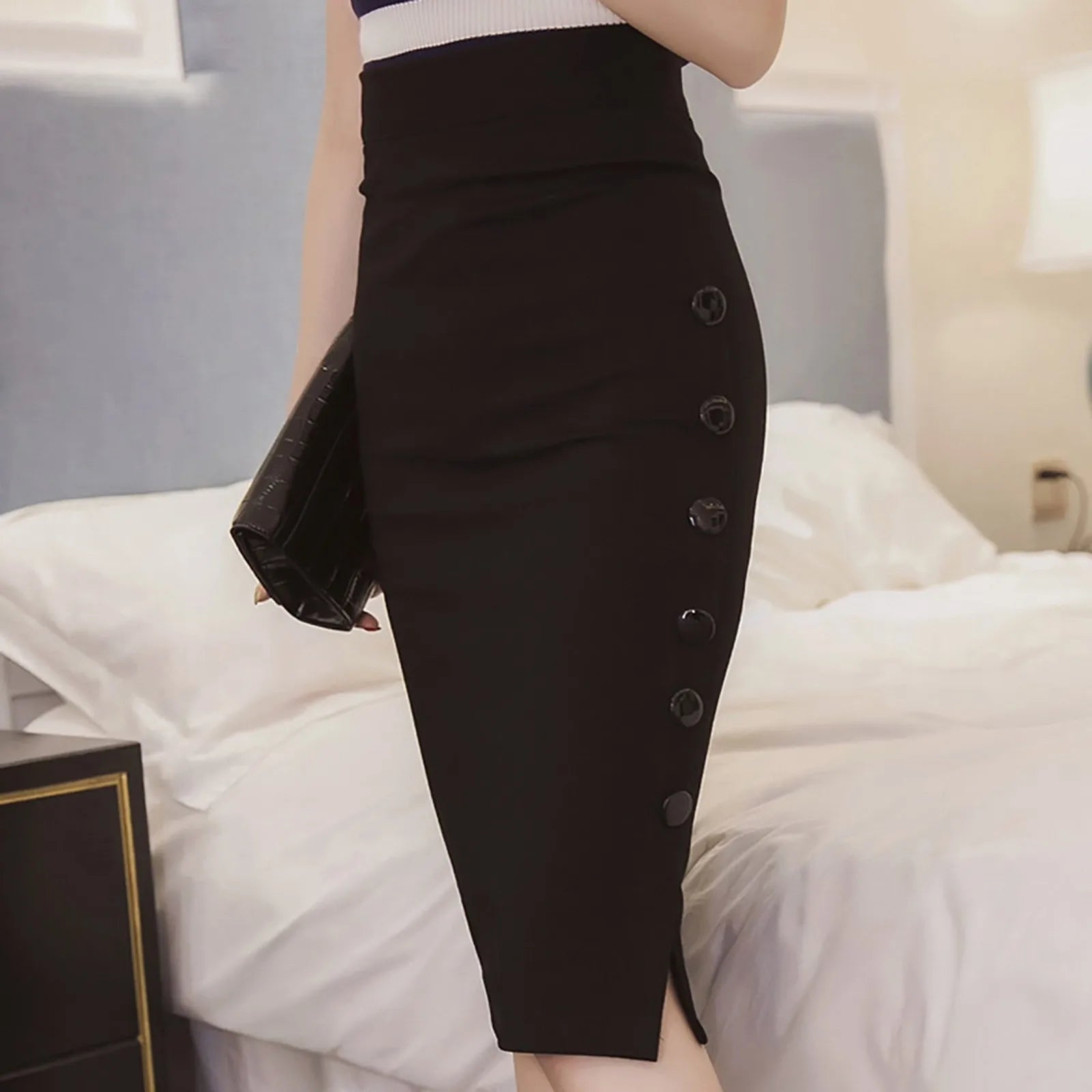 Elegant Women Vintage Office Lady Slim Skirts High Waist Buttons Slit Pencil Skirts