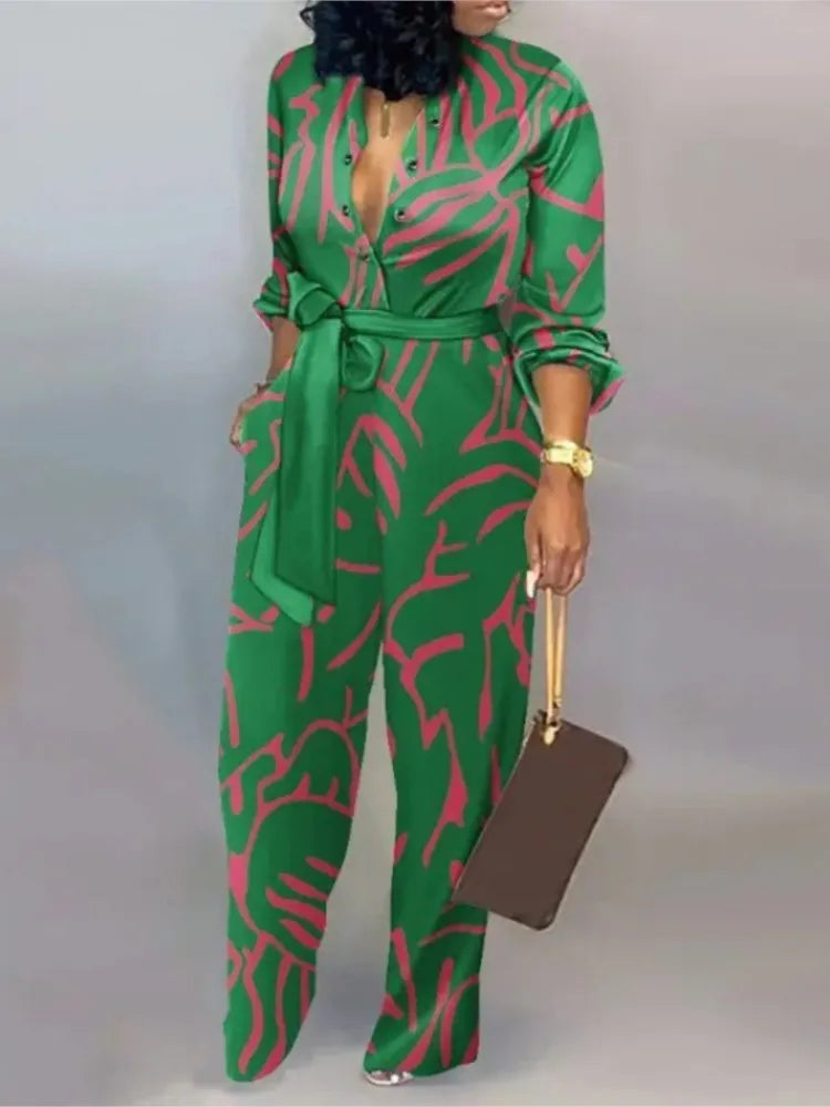 Women Fashion Letter Print Long Sleeve Jumpsuit Spring Button One Piece Overalls Streetwear Autumn Elegant Office Lady Playsuit