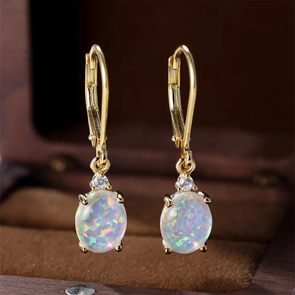 White and Blue Opal Oval Stone Hoop Earrings – Real 925 Sterling Silver Wedding Jewelry