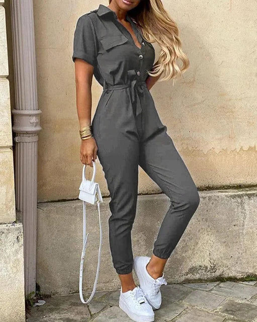 Casual Short Sleeve Jumpsuit Office Lady Spring Summer Fashion Elegant Solid Lace Up Jumpsuits For Women 2023 One Piece Rompers