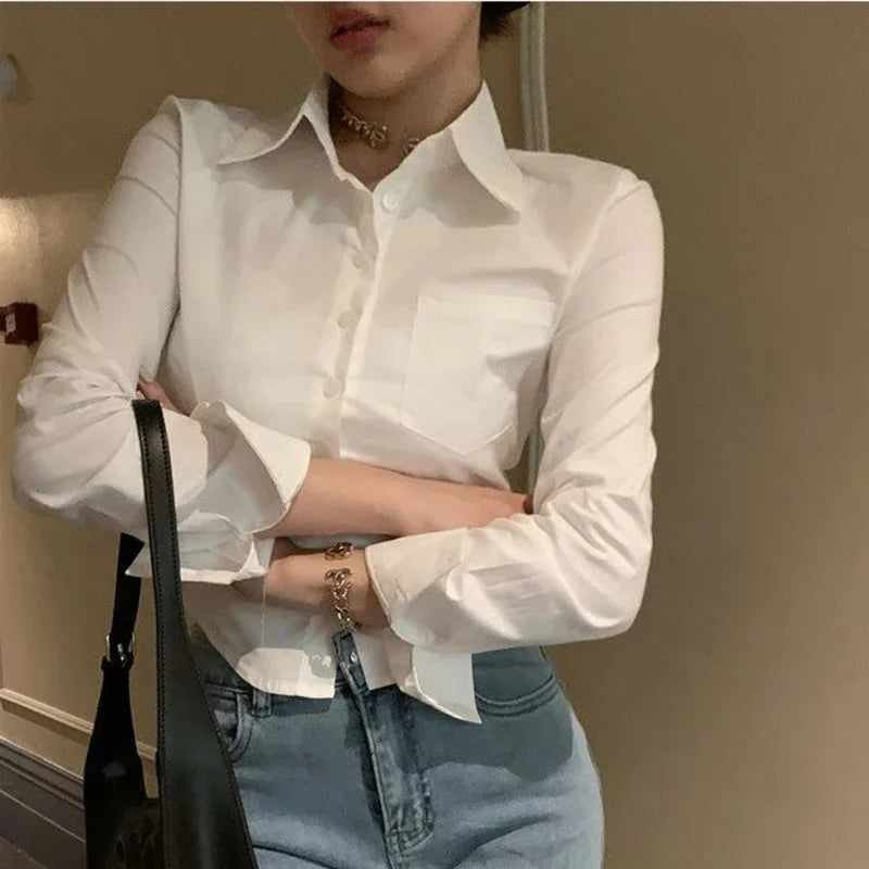 White Office Women Chiffon Shirt Pocket Button Lapel Ladies Blouse Spring Commuter Long Sleeve New Female Crop Tops