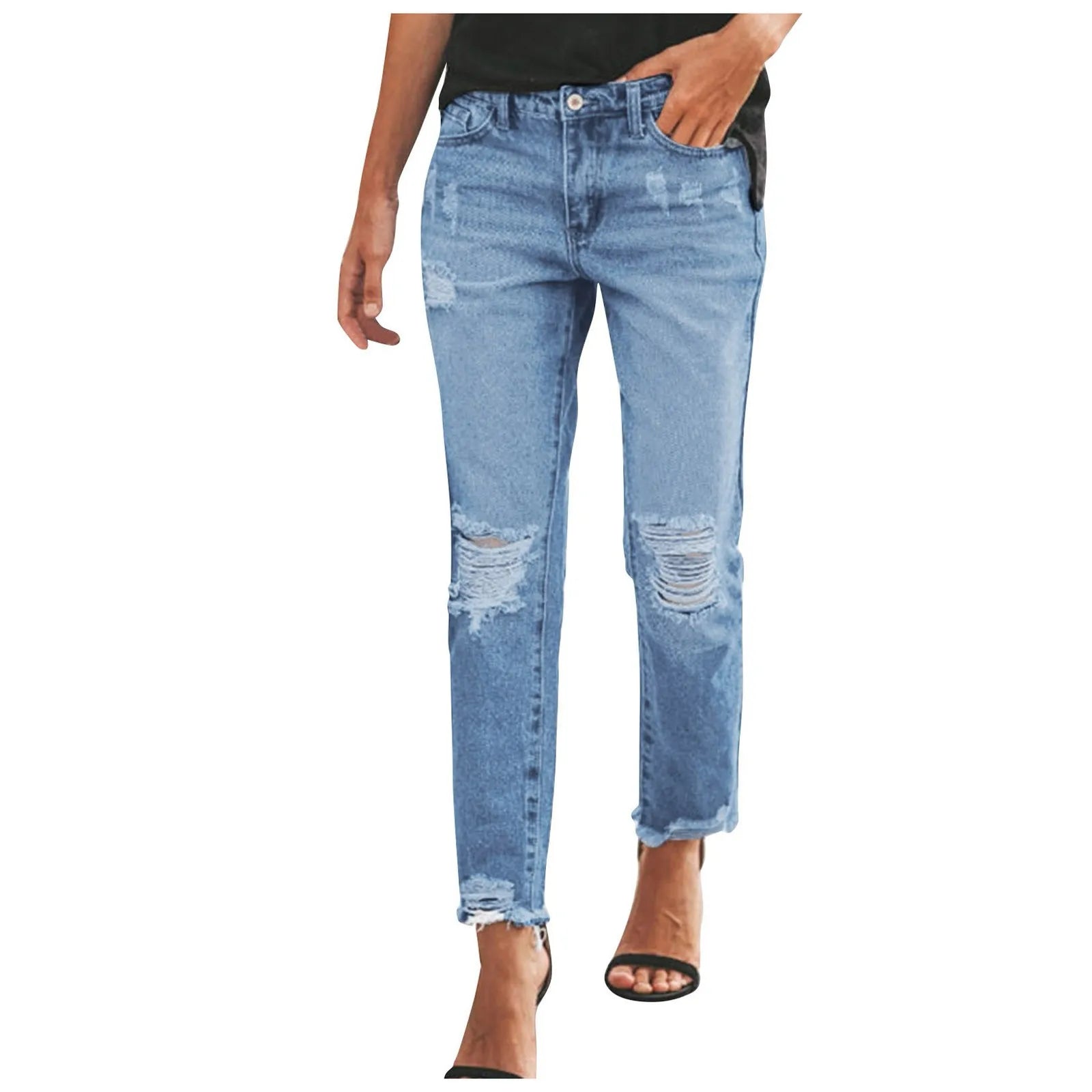 Women Fashion Straight Jeans Casual High Waisted Straight Trousers Ripped Slim Pants For Women Commuter 2024 Fashion Trend