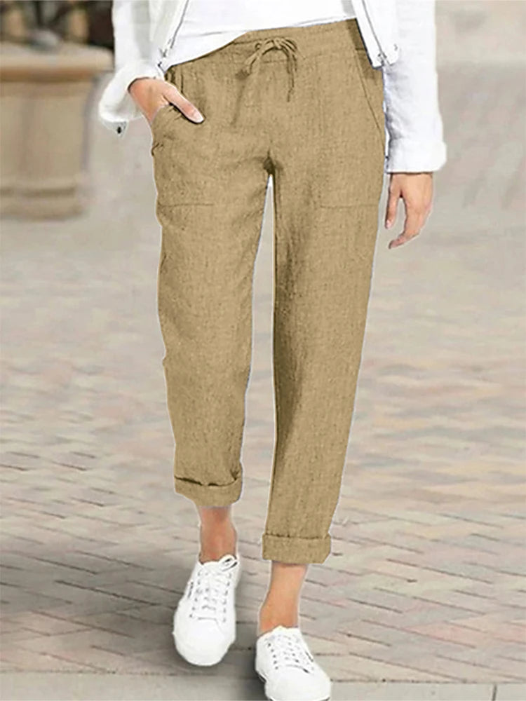Plus Size 2024 Summer New Women Trousers  High Waist Pants Straight Drawstring Cotton Linen Pants Ladies Elasticated Waist Pants