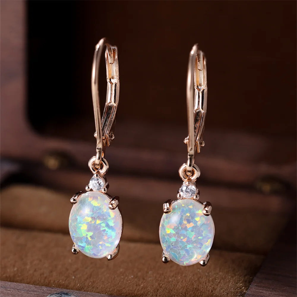 White and Blue Opal Oval Stone Hoop Earrings – Real 925 Sterling Silver Wedding Jewelry