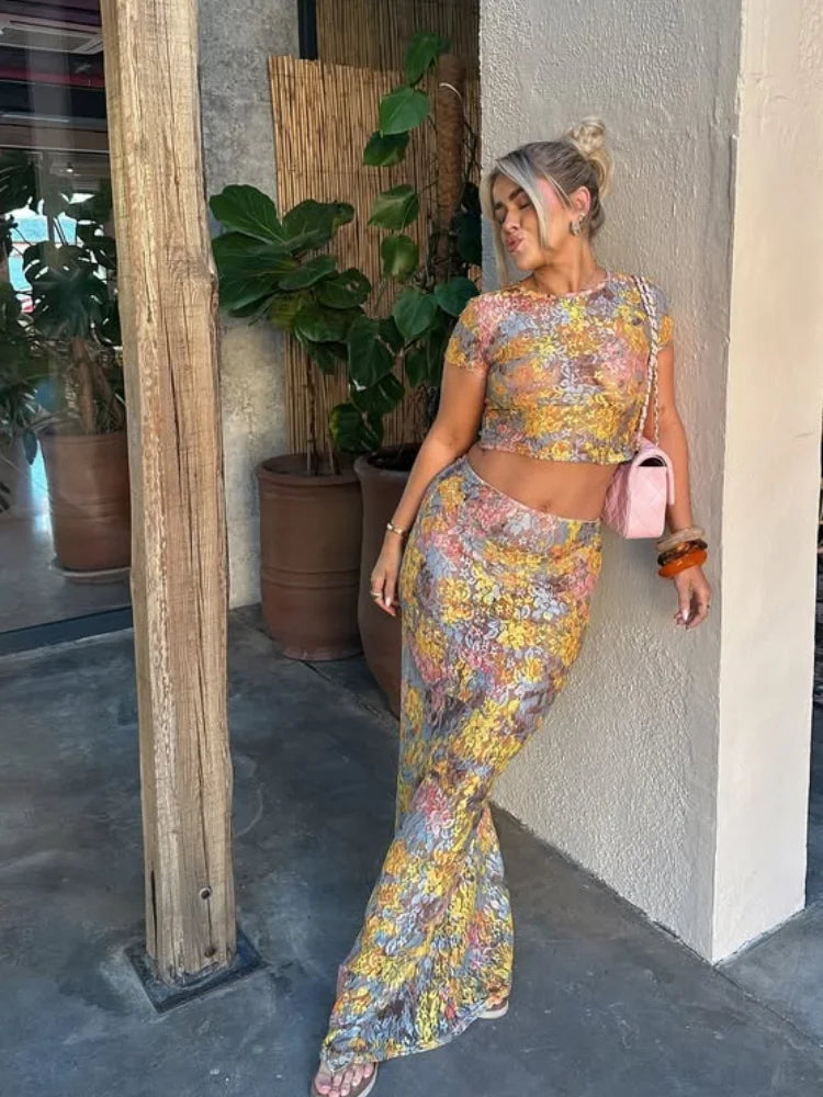Women Chic Rainbow Lace Print Maxi Skirt Set Sexy Skinny Short Sleeved See Through Top Suit Lady Summer Ladies Party Outfit 2025
