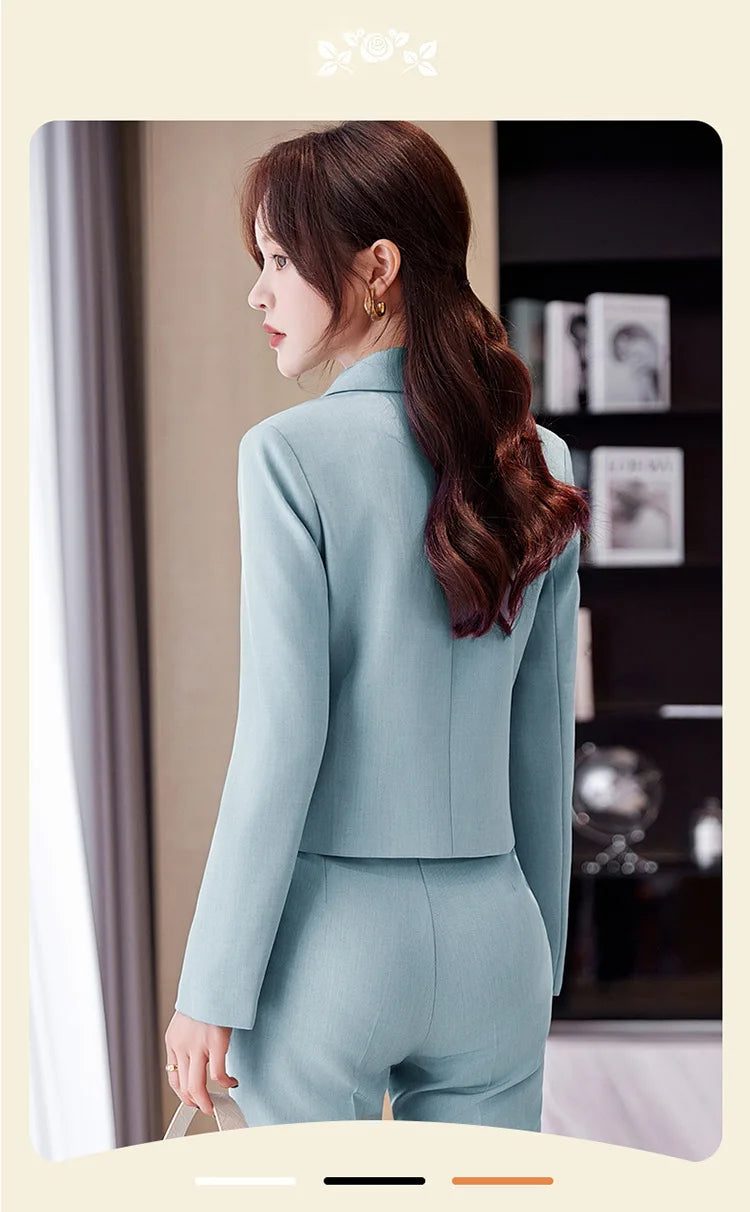 Solid Suits for Women 2024 Spring Fashion Office Ladies Long Sleeve Double Breasted Short Tops Chic Slim High Waisted Pant Suits