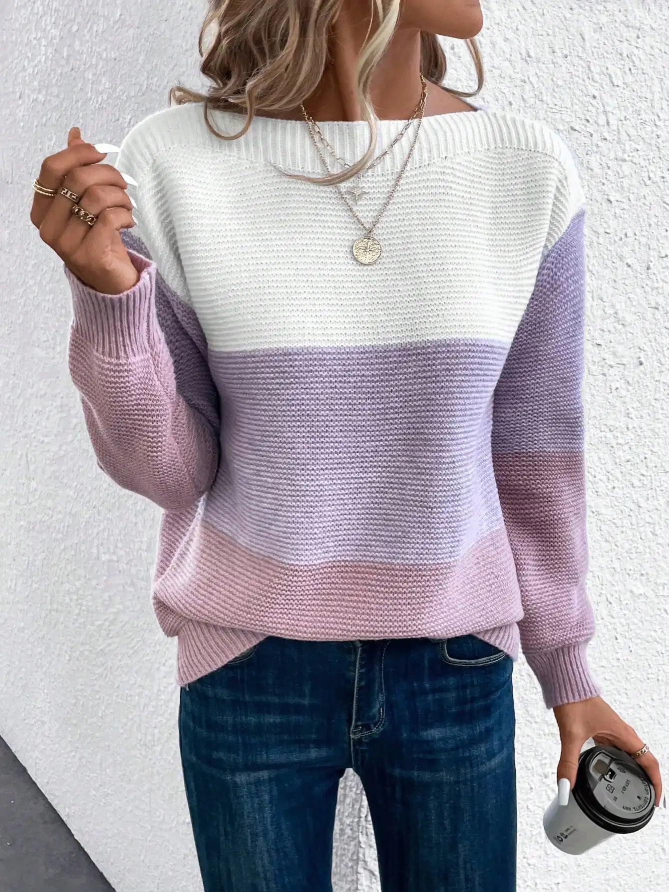 Elegant Three-color Patchwork Sweater Women Daily Commuter Casual