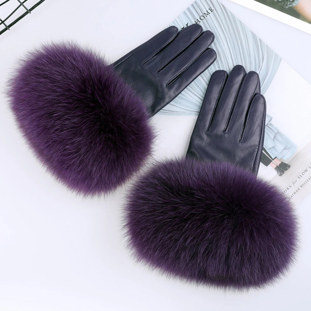 Sheepskin Gloves with Natural Fox Fur Trim – Women’s Genuine Leather Winter Mittens