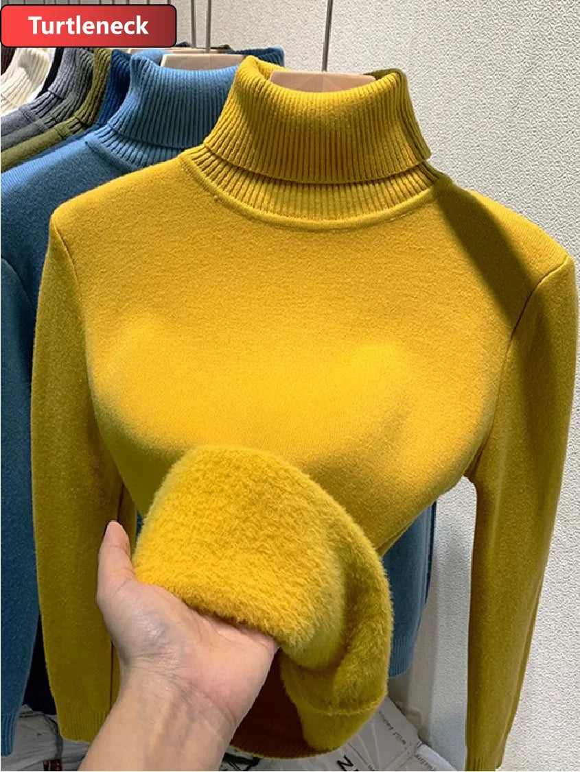 Thicken Velvet Turtleneck Sweater Women Korean Fashion Lined Warm