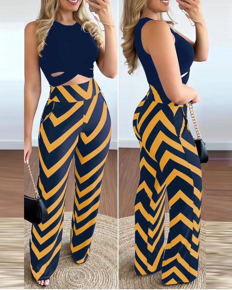 Spring Summer New Sleeveless Short Top Women's Suit Fashion Printed Trousers Slim Slim Simple Elegant Female Office 2 Piece Set