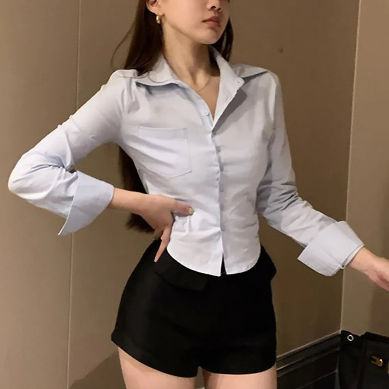 White Office Women Chiffon Shirt Pocket Button Lapel Ladies Blouse Spring Commuter Long Sleeve New Female Crop Tops