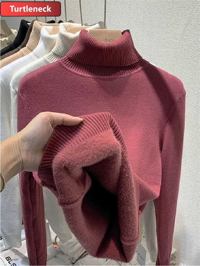 Thicken Velvet Turtleneck Sweater Women Korean Fashion Lined Warm