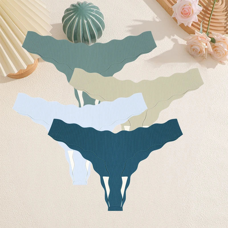 FINETOO 4Pcs Women's Sexy Panties Ice Silk Satin Seamless Thongs Fashion Seamless Panties Sexy Lingerie Lady Wavy Edge G-Strings