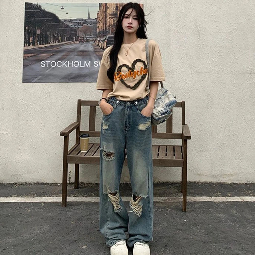 American Retro Hole-punched Jeans Women High Waist Straight-crotch