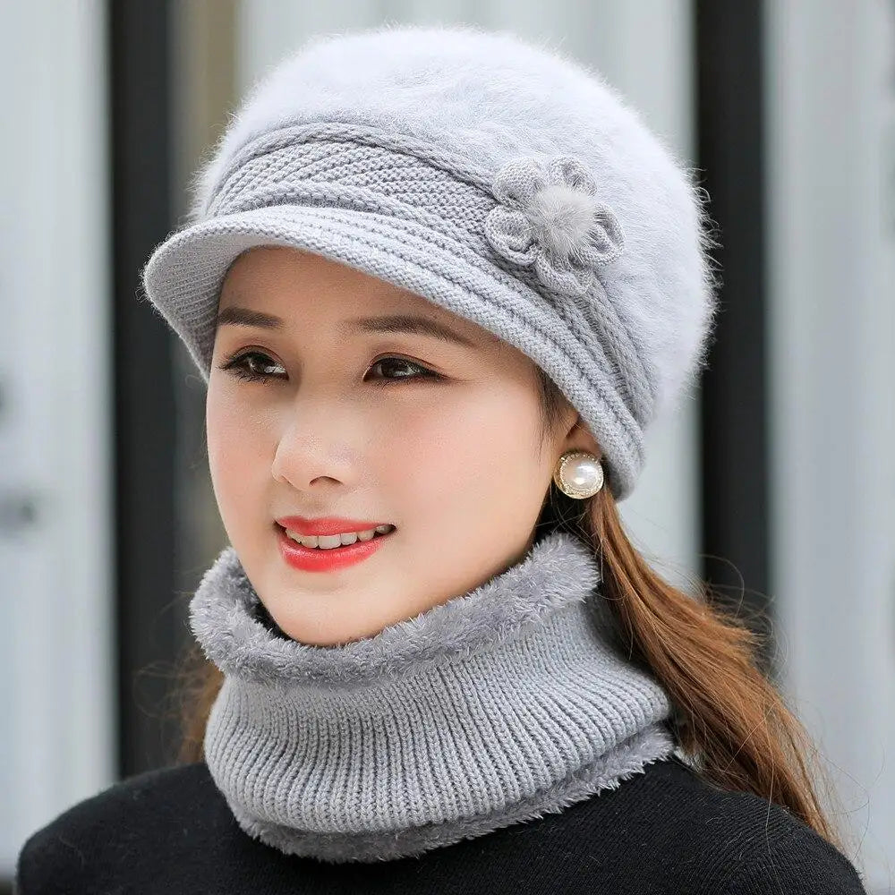 New Women’s Winter Hat & Scarf Set – Faux Fur Lined Knitted Hat with Flower Accent