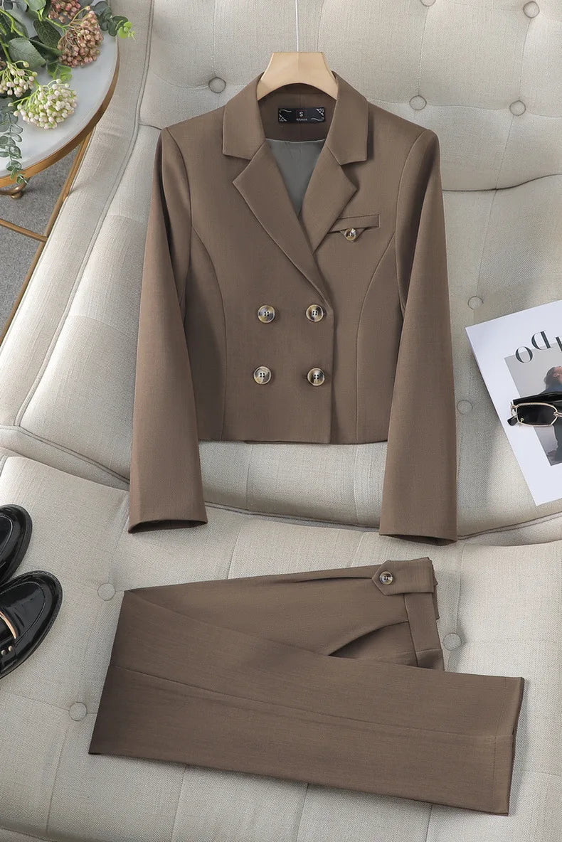 Solid Suits for Women 2024 Spring Fashion Office Ladies Long Sleeve Double Breasted Short Tops Chic Slim High Waisted Pant Suits