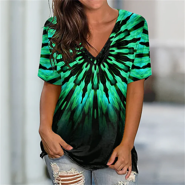 Summer Women T Shirt Stripes Print Gradient Clothing V Neck Short Sleeve Basic Tops Streetwear Fashion Oversized Girls T-shirts