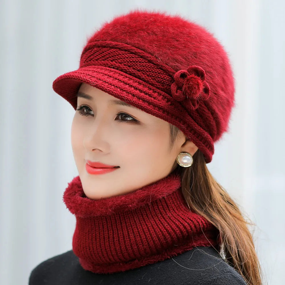 New Women’s Winter Hat & Scarf Set – Faux Fur Lined Knitted Hat with Flower Accent