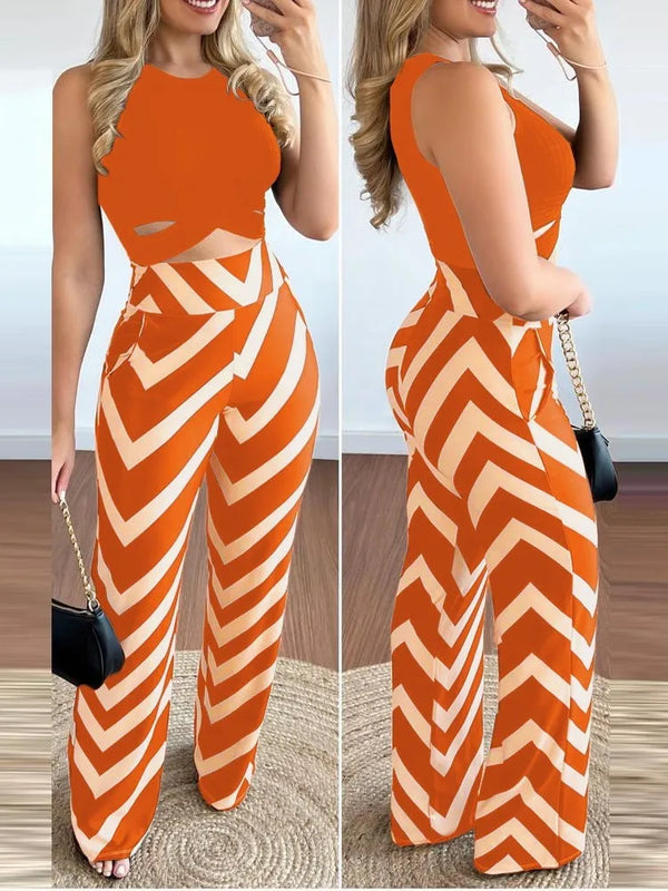 Spring Summer New Sleeveless Short Top Women's Suit Fashion Printed Trousers Slim Slim Simple Elegant Female Office 2 Piece Set