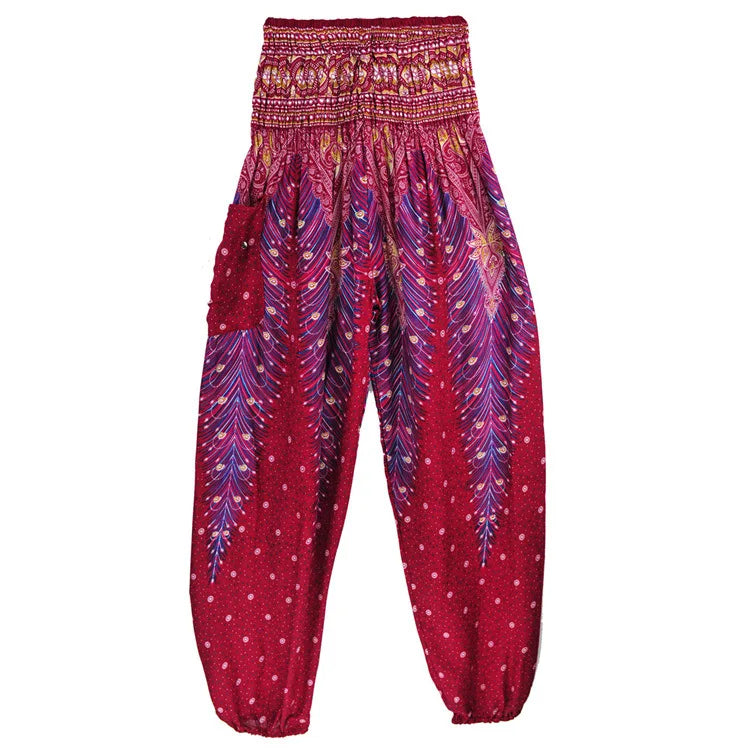 Women Yoga Boho Pants Leggings Floral Printing With Pocket Harem Bohemian High Waist  elastic waistband and ankle strapping