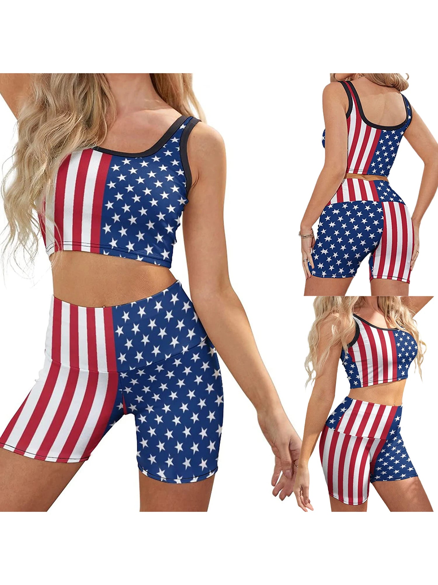 Women 4th of July Outfits Stars Stripes Tank Tops and Casual Elastic Shorts Summer Streetwear Clubwear 2 Piece Clothes