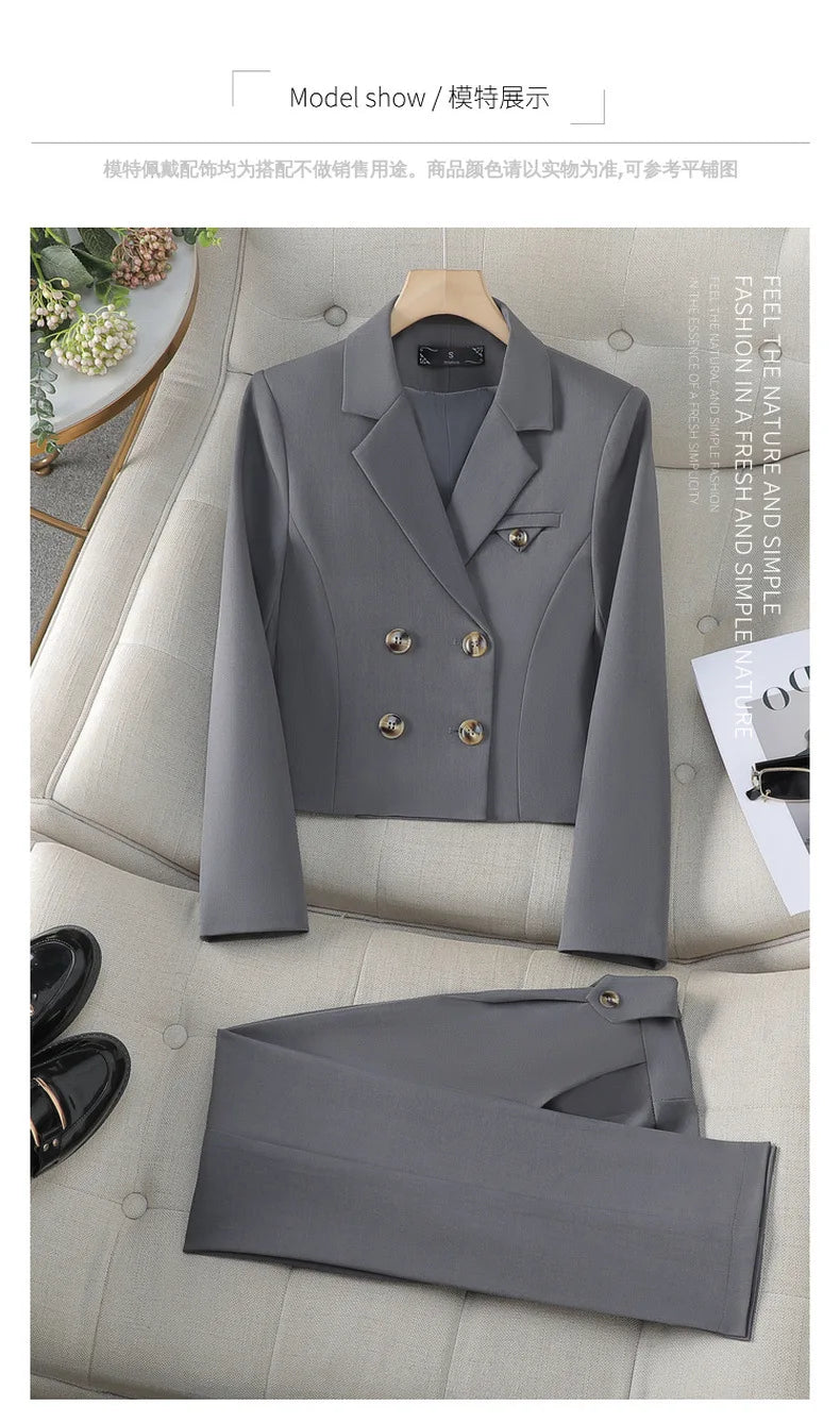 Solid Suits for Women 2024 Spring Fashion Office Ladies Long Sleeve Double Breasted Short Tops Chic Slim High Waisted Pant Suits