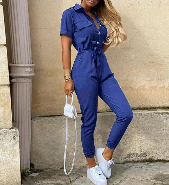 Casual Short Sleeve Jumpsuit Office Lady Spring Summer Fashion Elegant Solid Lace Up Jumpsuits For Women 2023 One Piece Rompers