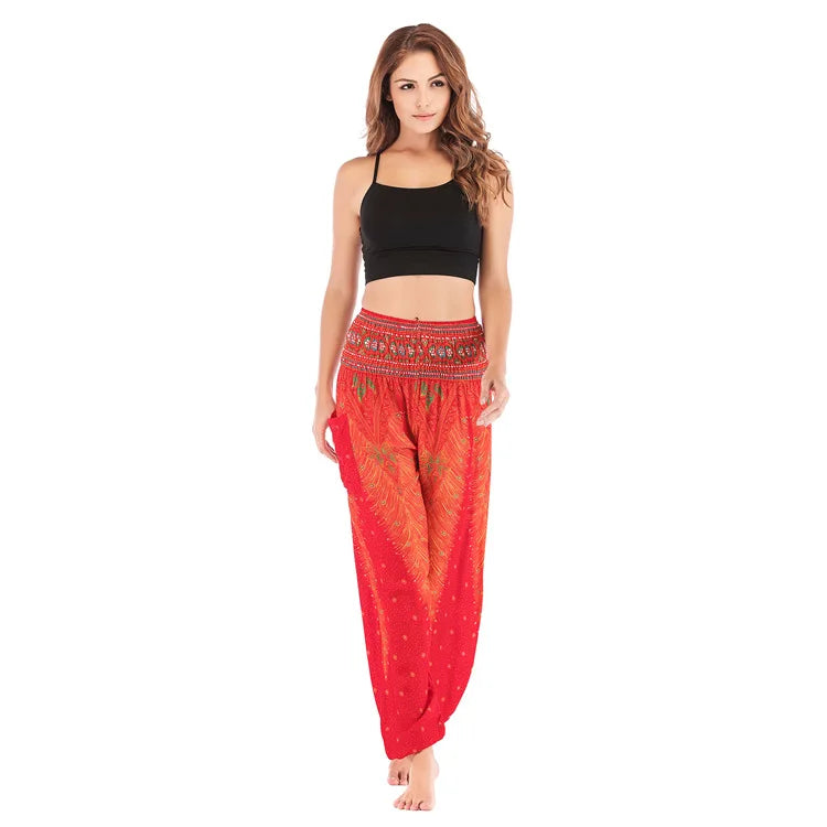 Women Yoga Boho Pants Leggings Floral Printing With Pocket Harem Bohemian High Waist  elastic waistband and ankle strapping