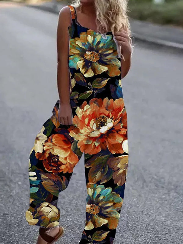 Elegant Vintage Retro Floral Print Women Jumpsuits Summer New Spaghetti Strap Casual Streetwear Office Rompers Overalls Female