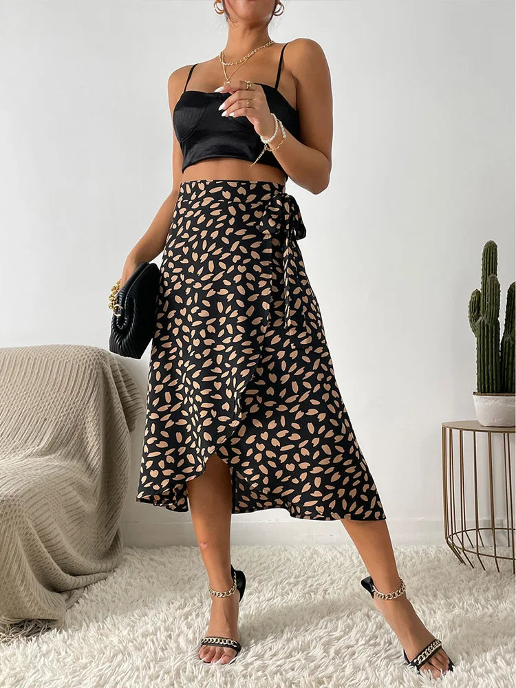 Benuynffy Boho Women Casual Print Tie Side Wrap Skirt Elegant High Waist