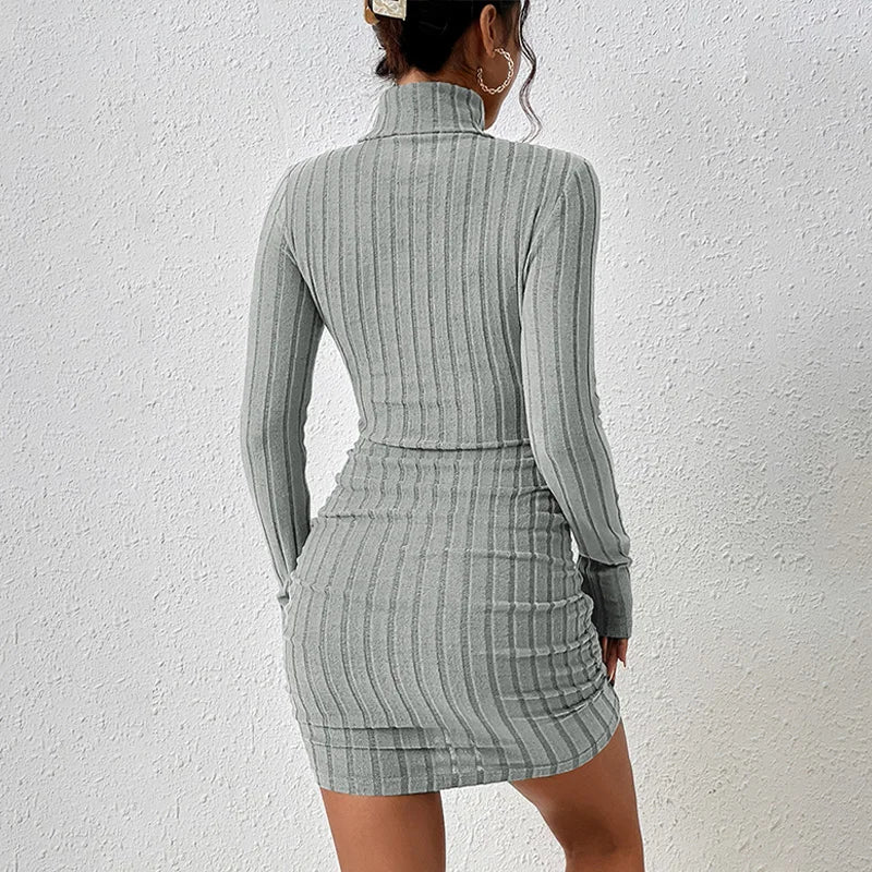 Autumn Winter New Dresses Women Long Sleeves Turtleneck Solid Sexy Bodycon Sheath Mini Dress Club Elegant Party Knitted Dresses