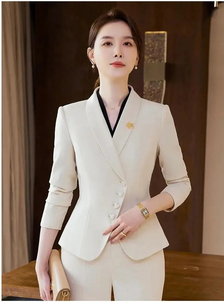 Office Business Women's Suit Pants Two-piece Set 2024 New Spring Autumn Long Sleeve Heart Button Jacket Slim Trousers Skirts