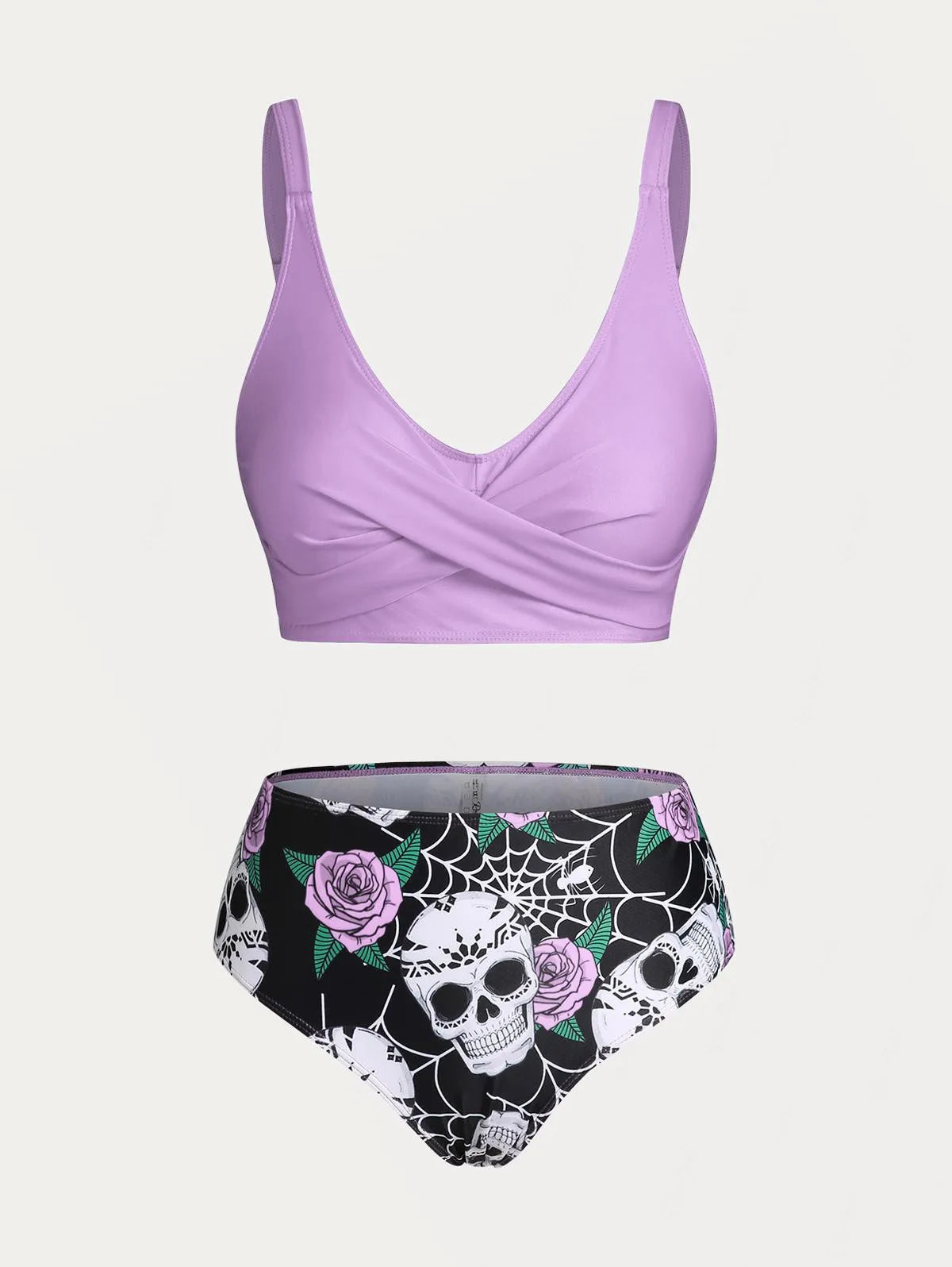ROSEGAL Plus Size Women's Plus Size & Curve Skull Rose Print Crossover Three Piece Bikini Swimsuits