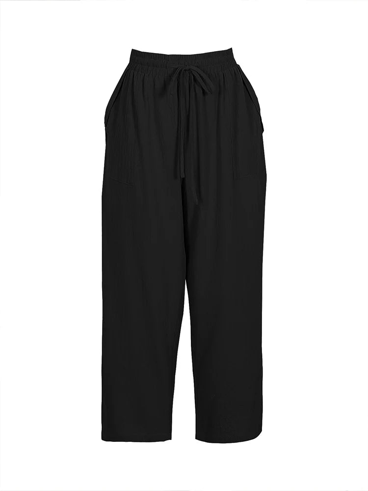Plus Size 2024 Summer New Women Trousers  High Waist Pants Straight Drawstring Cotton Linen Pants Ladies Elasticated Waist Pants