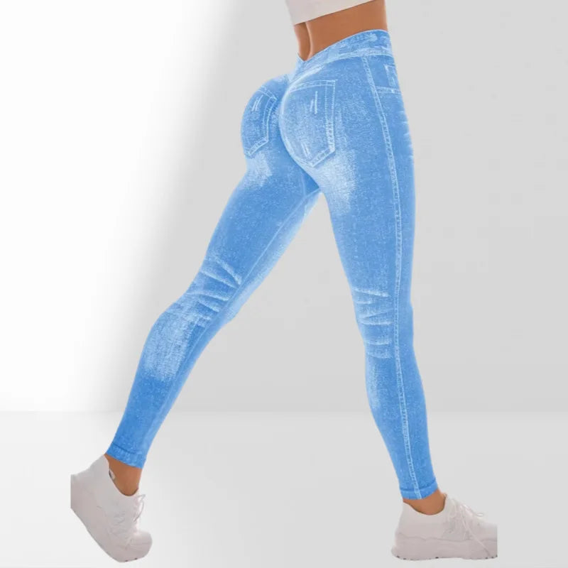 Women V Back Jean Leggings Gym Yoga Pants Casual Elastic Workout Exercise Fitness Running Fitness Tights